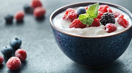A bowl of creamy yogurt topped with fresh and frozen berries, creating a healthy and vibrant breakfast scene.