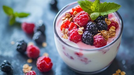 A delightful yogurt parfait topped with fresh raspberries, blackberries, and granola.