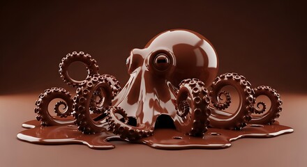 Decadent Chocolate Octopus Sculpture on a Melted Cocoa Puddle Dessert Delight.
