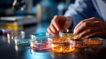 Multiple petri dishes on laboratory bench hands arranging them face not visible various bacterial cultures colony growth patterns microbiology study laboratory workspace