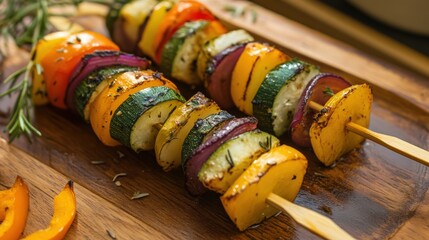 Colorful vegetable skewers on a wooden board.