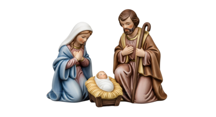 Nativity scene featuring mary, joseph, and baby jesus isolated on transparent background