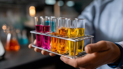 Hand holding rack of test tubes with colorful solutions face not in frame organized samples laboratory processing chemistry experiments multiple colors visible lab