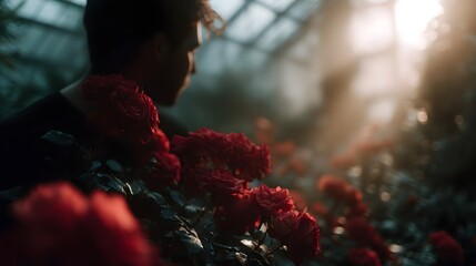 A solitary figure contemplates blooming red roses in a sun drenched atmospheric greenhouse