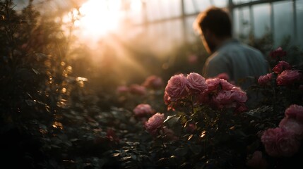 Warm sunlight streams through a greenhouse illuminating a gardener tending to a bed of vibrant pink roses