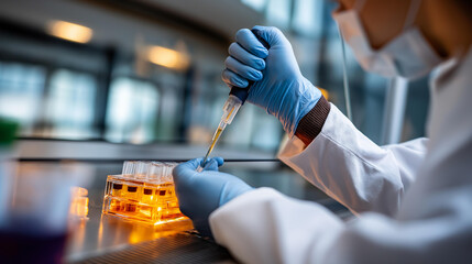 Gloved hands working inside biosafety cabinet face not visible in frame laminar flow hood sterile technique protected environment laboratory safety equipment workspace