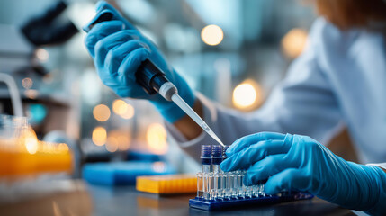 Gloved hands changing pipette tips face obscured disposable supplies contamination prevention blue glove tip box visible lab bench defocused around with copy space