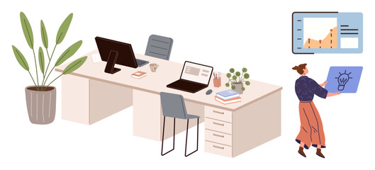 Fototapeta premium Office desk with laptops, chair, indoor plant, and books. Person presenting on screen with idea and analytics. Ideal for creativity, teamwork, innovation, workflow analysis organization