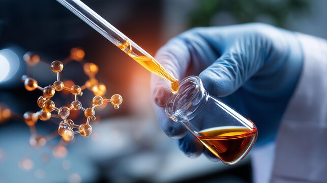 Gloved hands analyzing pharmaceutical compounds face not visible drug testing chemical structures research and development scientific equipment clean laboratory defocused