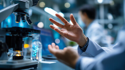 Back view of mature scientist discussing results with colleagues lab coats visible faces not shown collaborative science gesture microscope on table modern laboratory with