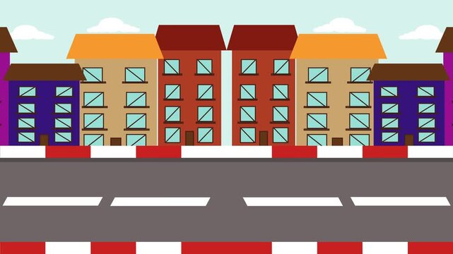 2D city street animation with colorful buildings, moving clouds, and a road vibe. Perfect motion background for explainer videos, games, or intros.