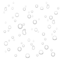 Water drop different shape realistic vector background. Droplet splash, glass drip surface, liquid texture. Clean rain, wet shower. Shiny raindrop backdrop. Condensation on window illustration.
