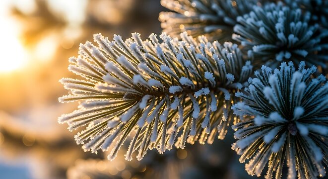 Frost covered pine needles illuminated by golden sunrise