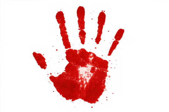 Red handprint design with splatters, simulating bloody forensic evidence or a warning, presented on a transparent background