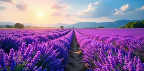 Obraz premium Vibrant Lavender Fields Blooming Under Summer Sun Tranquil Nature Scene Perfect for Relaxation and Wellbeing
