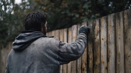 A person from behind wearing a dirty hooded jacket and gloves works on repairing a weathered wooden fence outdoors