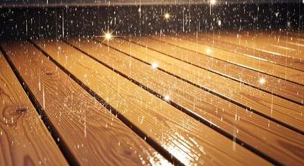 Raindrops falling on a wet wooden deck at night