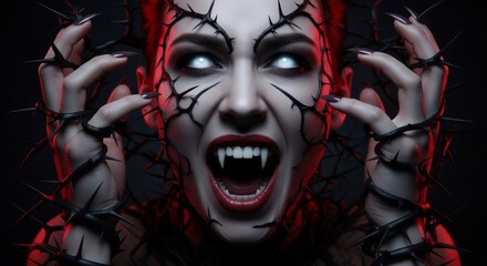 Woman vampire with blood tears and fangs and black thorns for Halloween. Spooky horror banner concept for holiday event. Dark makeup with red light portrait.
