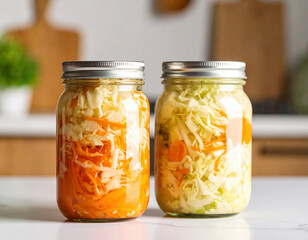Jars of homemade sauerkraut with carrots are neatly arranged on a kitchen counter, showcasing a healthy and delicious fermentation process.