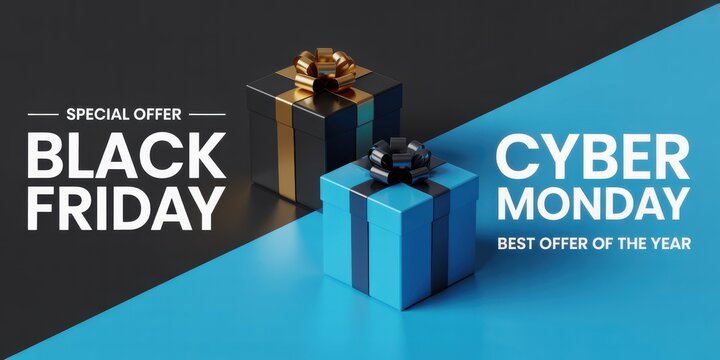 Black friday and cyber monday sale with gift boxes on a split black and blue background design - Powered by Adobe