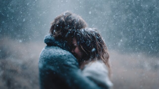 Tender embrace between a couple in a gentle winter snowfall conveying warmth and connection