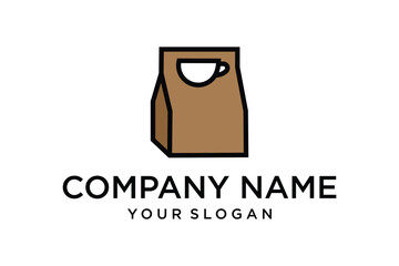 Modern coffee take-out bag logo design with brown paper bag and integrated coffee cup icon, perfect for cafe, restaurant, or delivery service branding.