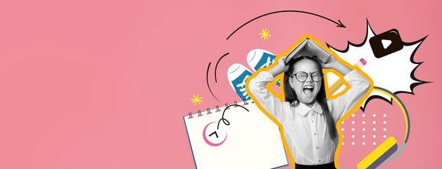 A vibrant collage features a cheerful girl expressing excitement. Surrounding her are dynamic elements like doodles, sports shoes, and a calendar, all against a bright pink backdrop.
