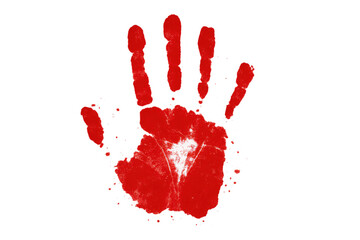Handprint in red symbolizing violence, crime, stop gesture, danger, and protest with splatters on a transparent background