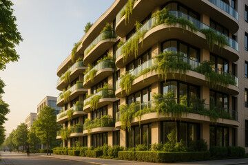 Obraz premium Modern apartment building with lush greenery and terraces at sunset