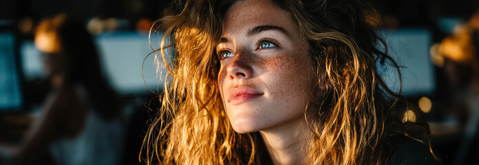 Thoughtful young woman with curly hair in a modern workspace
