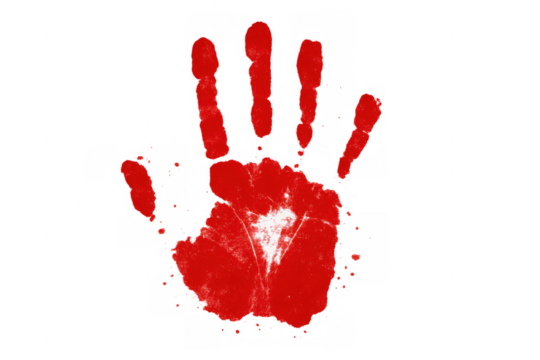 Handprint in red symbolizing violence, crime, stop gesture, danger, and protest with splatters on a transparent background