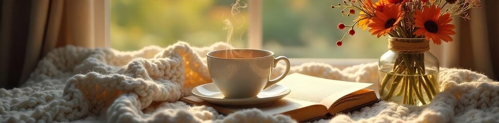 Warmth and Tranquility A Steaming Cup of Tea, Cozy Blanket, Book, and Wildflowers in Sunlight