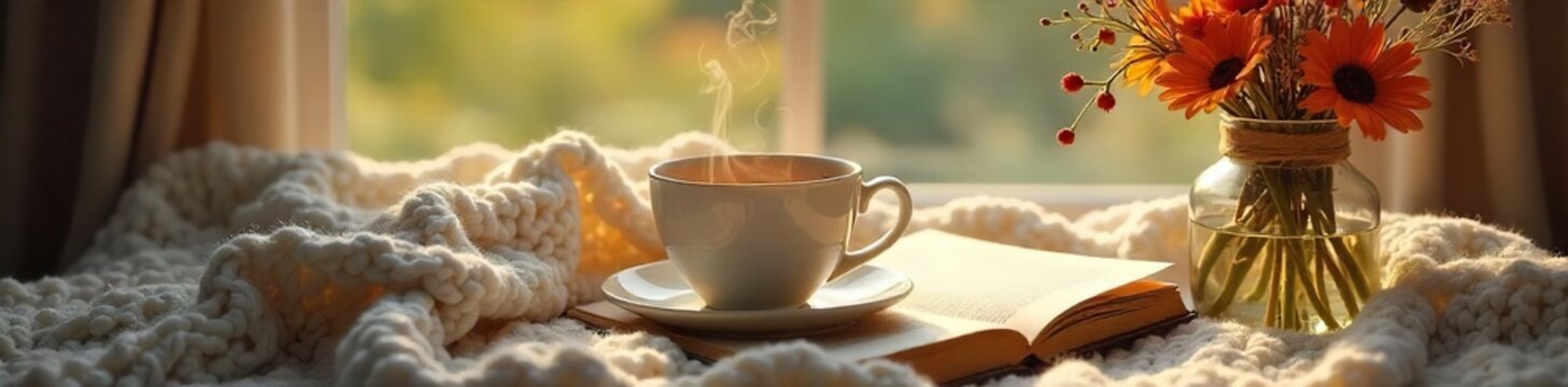 Warmth and Tranquility A Steaming Cup of Tea, Cozy Blanket, Book, and Wildflowers in Sunlight