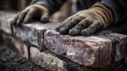 Bricklayer s gloved hands carefully place cement covered bricks to build a sturdy wall
