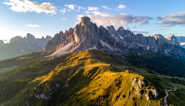 An aerial view captures a mountain range with jagged peaks, bathed in warm sunlight. A grassy ridge slopes downwards, with trails