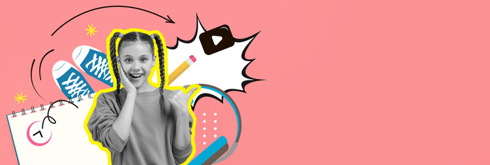 A joyful girl with pigtails smiles and gives a thumbs-up. She is surrounded by colorful illustrations, school items, and playful designs, reflecting a fun and artistic vibe.