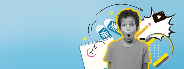 This lively collection features a shocked child in front of a colorful background filled with playful elements like sports shoes and school supplies, capturing the essence of youthful excitement.