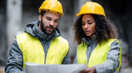 Two construction professionals wearing hard hats and reflective vests review blueprints at a building site