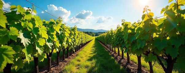 Naklejka premium Sun-Drenched Vineyard Ready for Harvest Lush Autumn Landscape of Ripening Grapes under a Clear Blue Sky