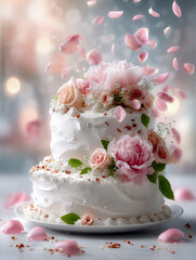 Fototapeta premium Elegante Hochzeitstorte mit Blumen und Beeren, fliegende Dekoration, luxuriöser Stil