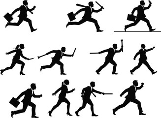 Businesspeople running silhouettes, urgency concept, corporate rush illustration, deadline pressure, fast pace design, career growth, ambition, success, leadership, achievement