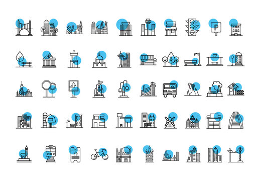 Black And Blue Line Urban City Icons Set