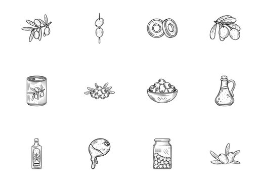Black Olive Oil Jar Food Line Icons Set