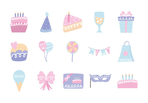 Pink And Blue Birthday Party Celebration Illustrations Set