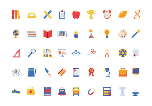 Colorful Flat Education School Supplies Illustrations Set