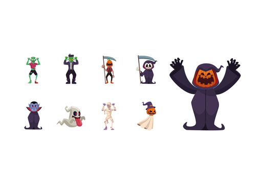 Colorful Halloween Characters Illustrations Set