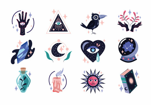 Colorful Esoteric Mystical Occult Illustration Set