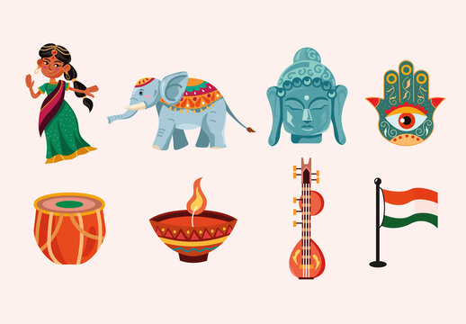 Colorful India Culture Traditional Illustration Set