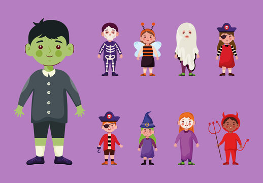 Colorful Halloween Kids Costumes Illustration Set