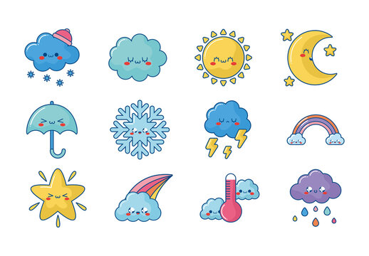 Colorful Kawaii Weather Cartoon Illustrations Set